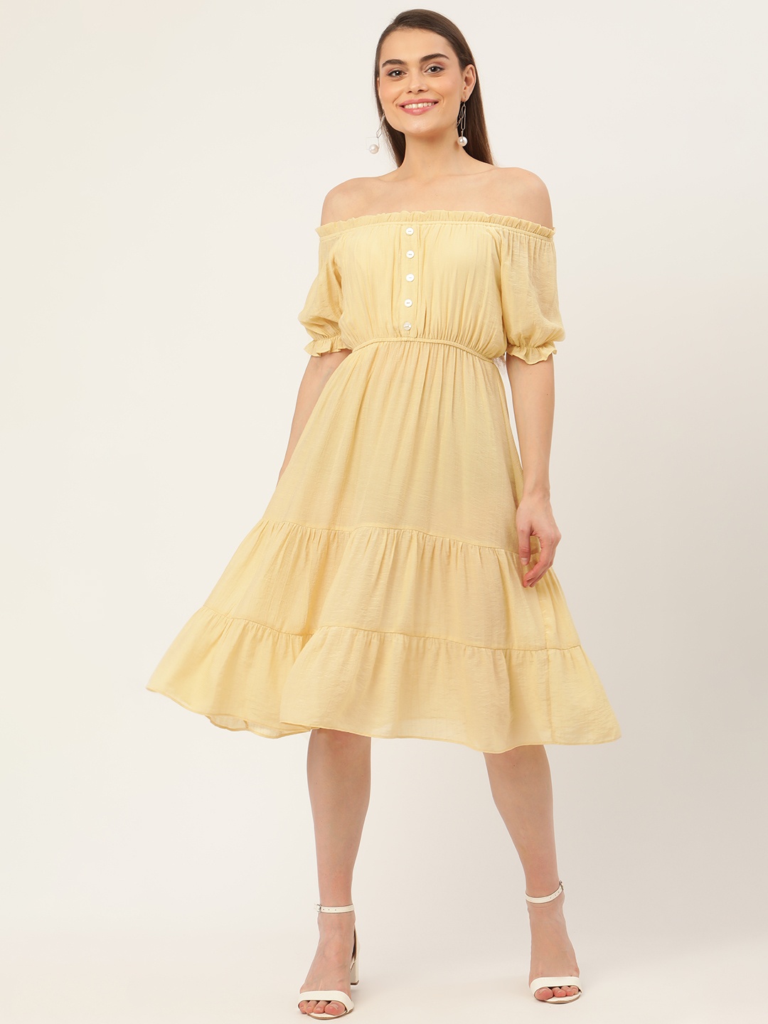 

Madame Women Yellow Off-Shoulder A-Line Dress