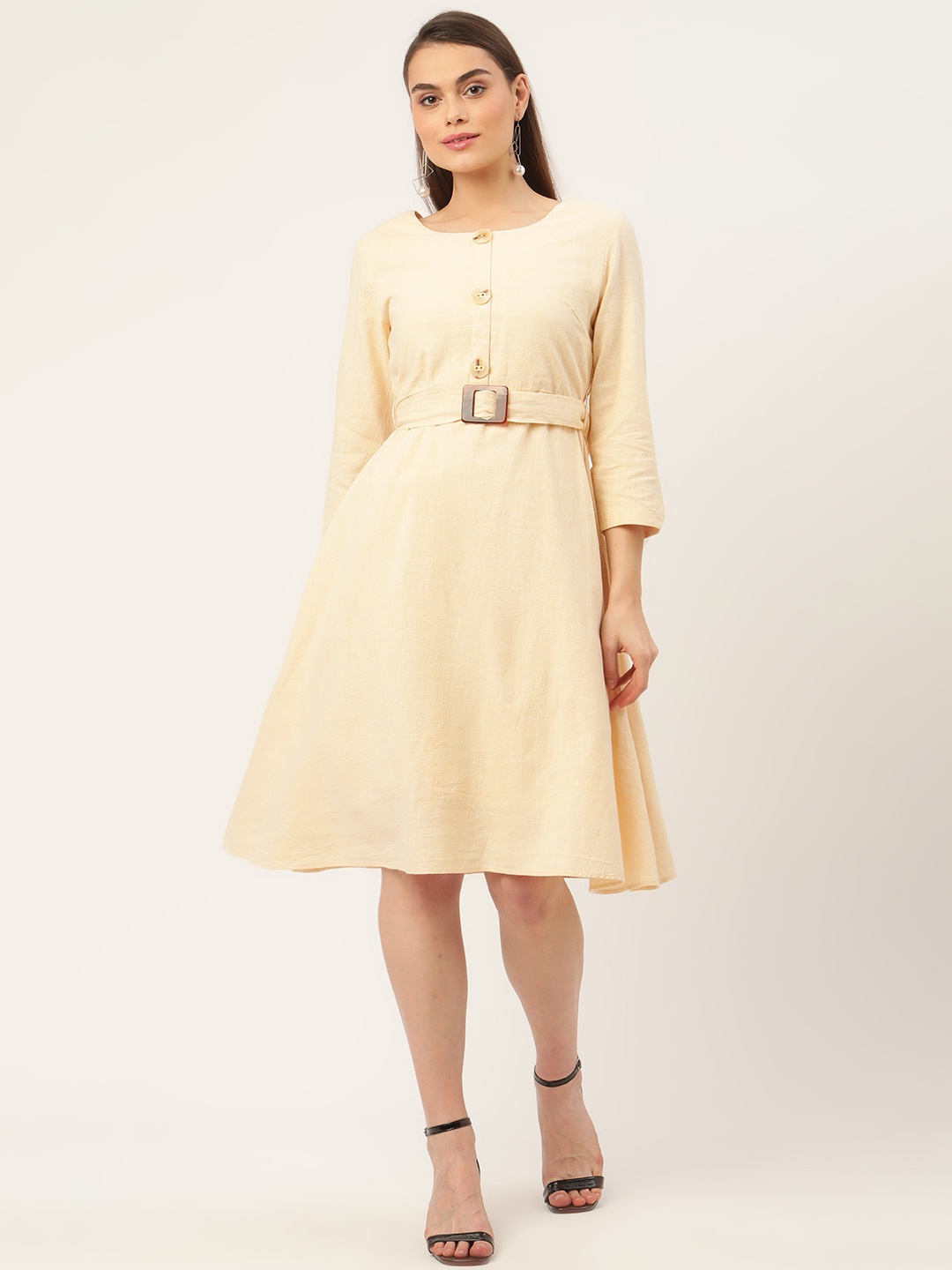 

Madame Women Beige A-Line Dress with a Belt