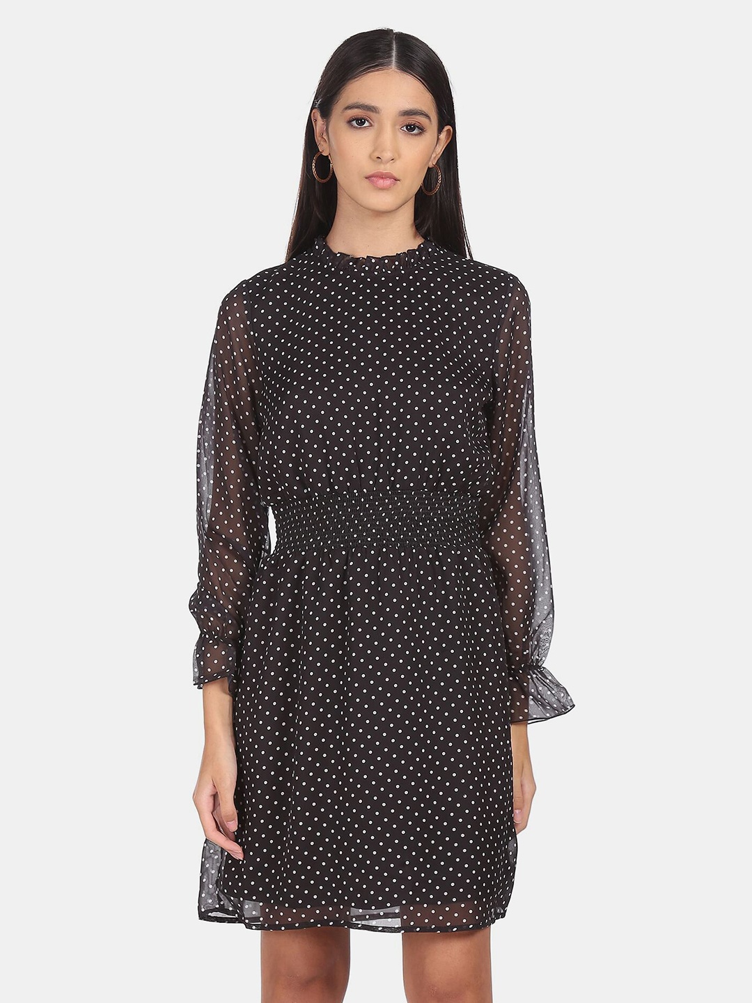 

SHFFL Women Black & White Polka Dot Printed Ruffled A-Line Mini Dress