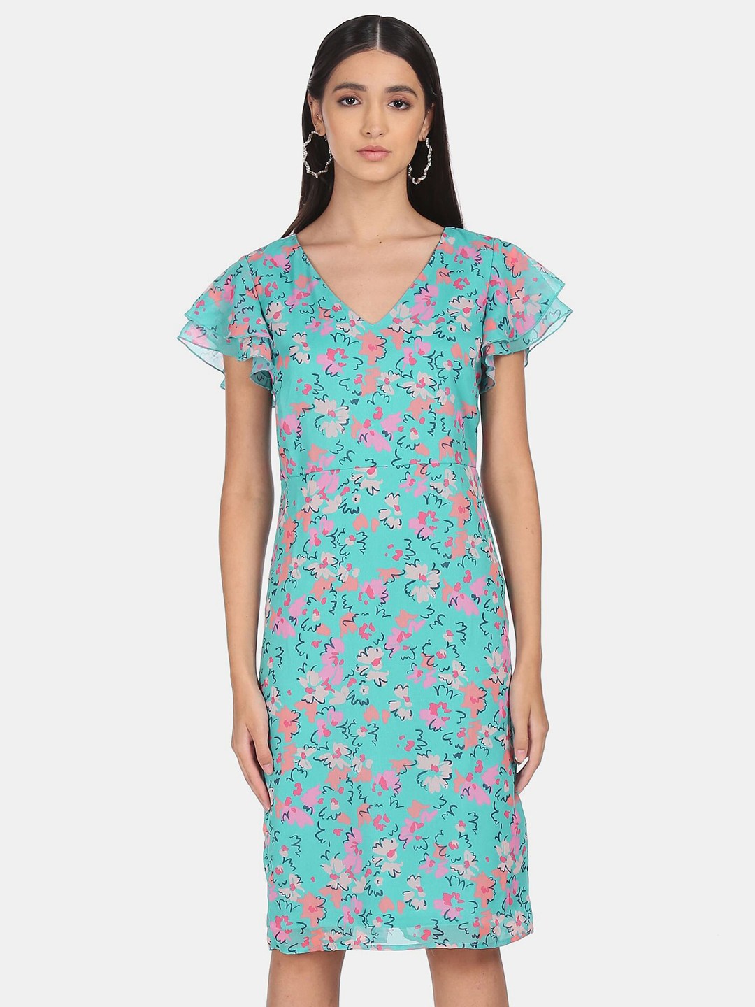 

SHFFL Blue Flutter Sleeve Floral Print Sheath Dress