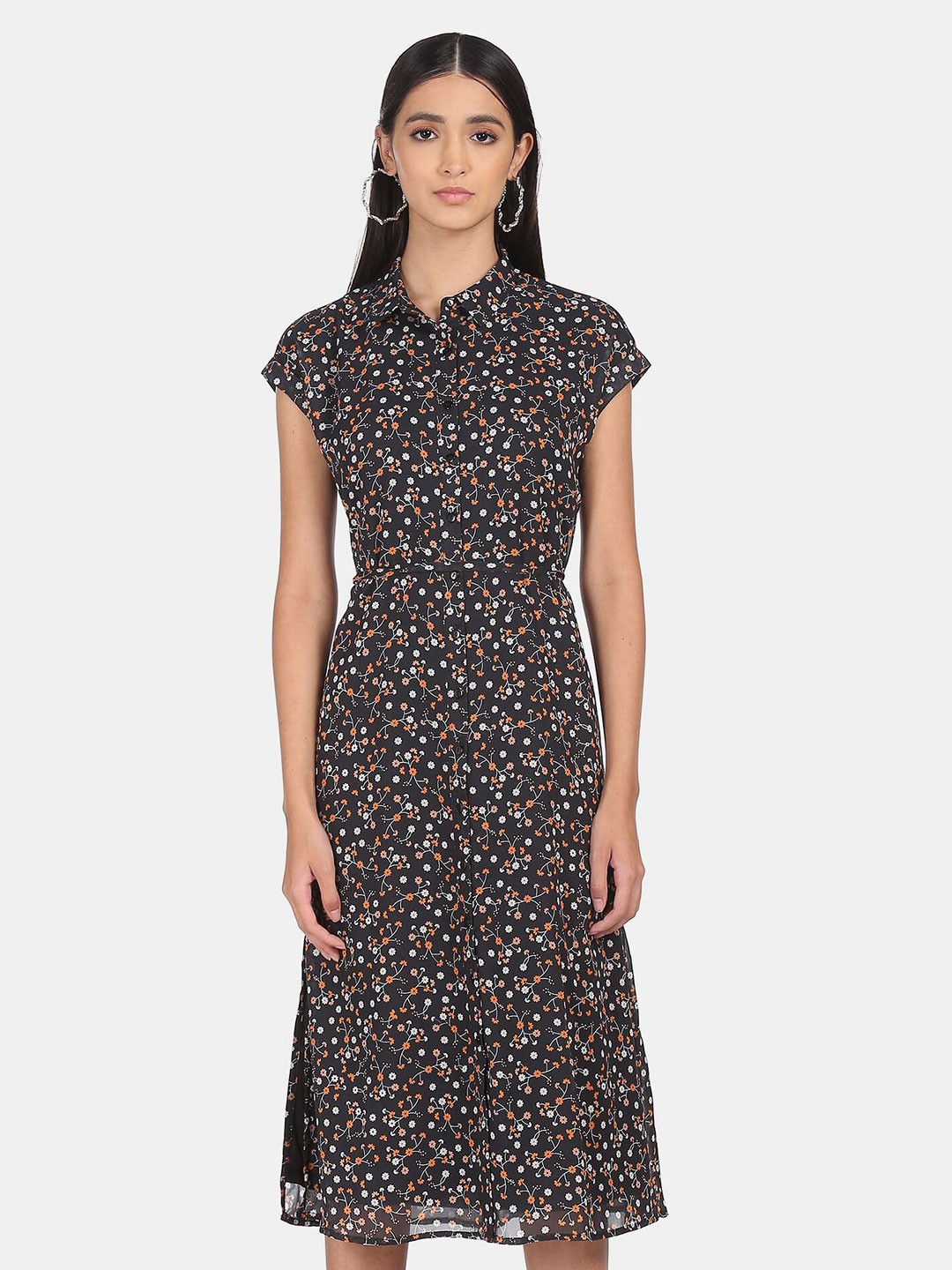 

SHFFL Women Black & Orange Floral Tie-Up Waist Shirt Dress