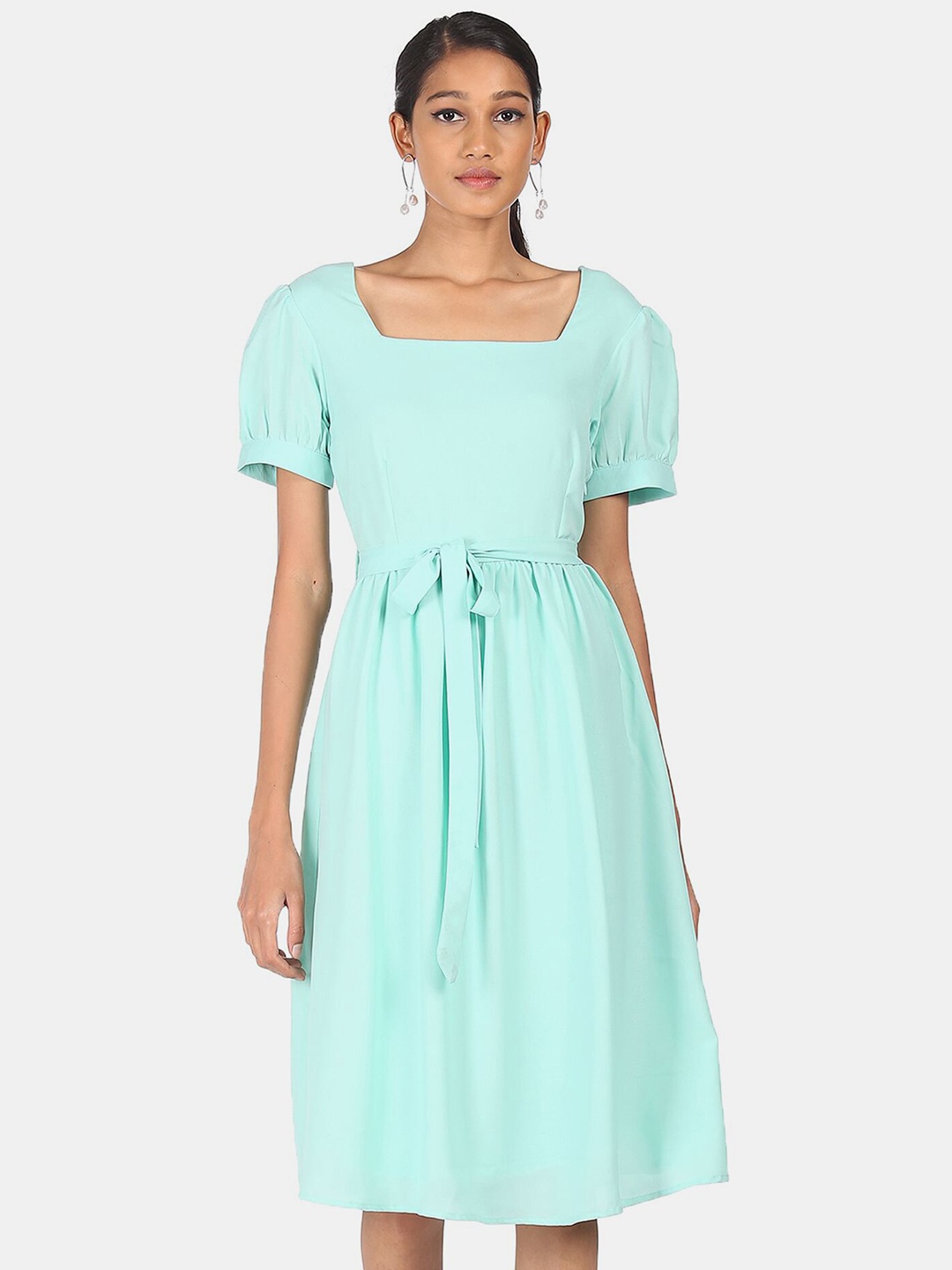 

SHFFL Turquoise Blue Square Neck Solid Fit And Flare Dress