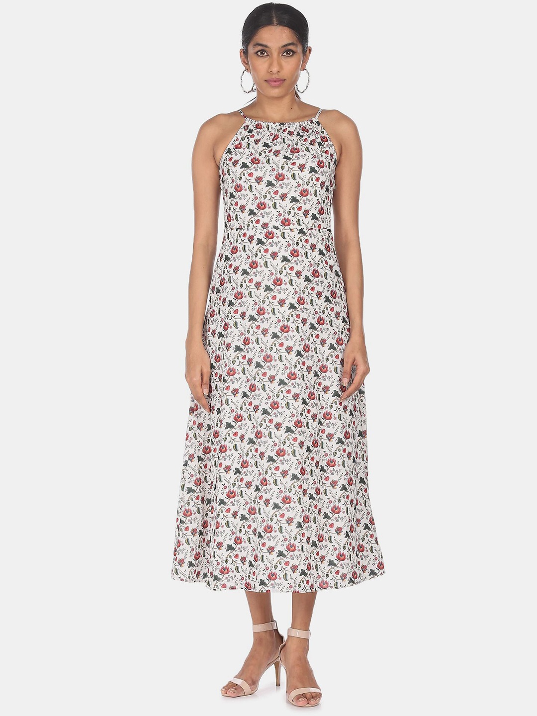 

SHFFL Women White & Red Floral Halter Neck A-Line Midi Dress