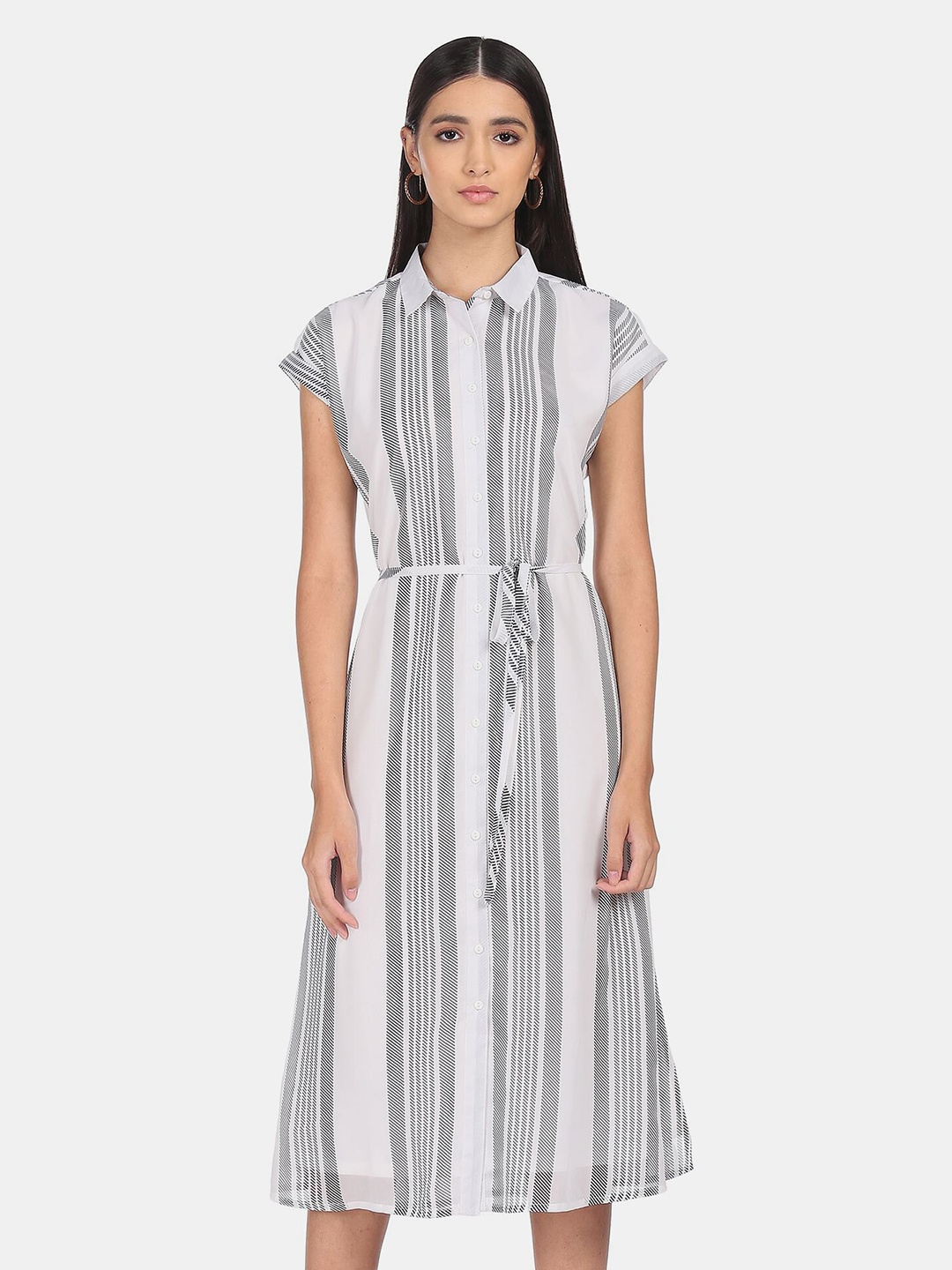 

SHFFL Women White & Grey Tie-Up Waist Striped Shirt Midi Dress