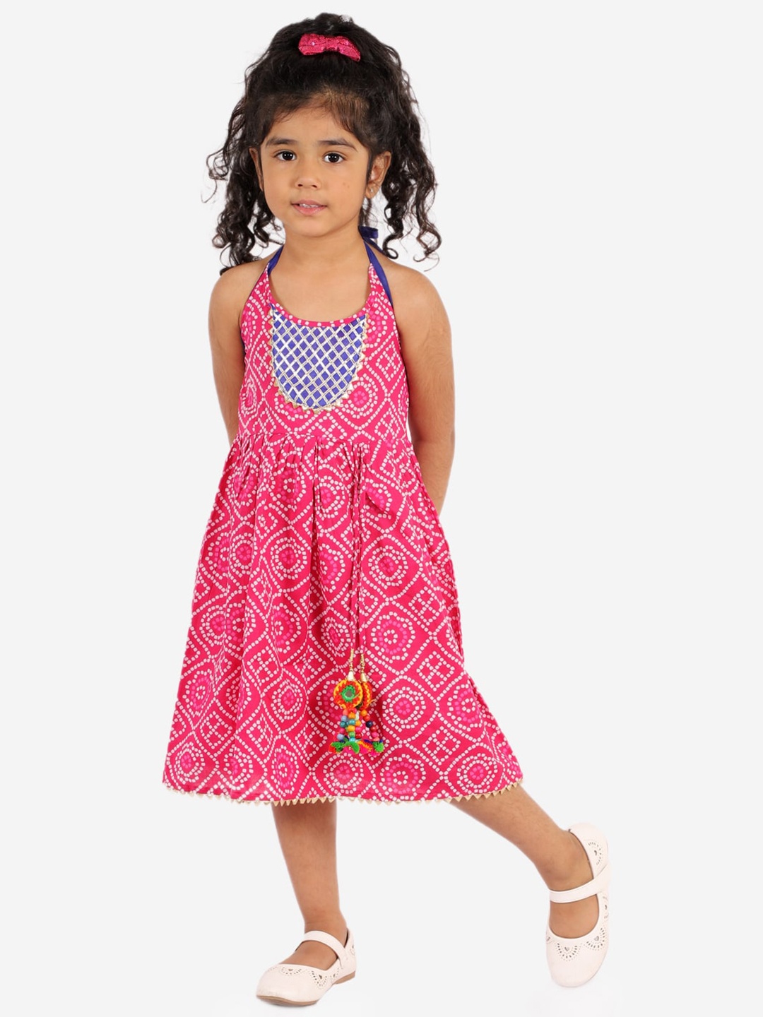 

KID1 Girls Pink & Navy Blue Ethnic Motifs Halter Neck Ethnic A-Line Dress