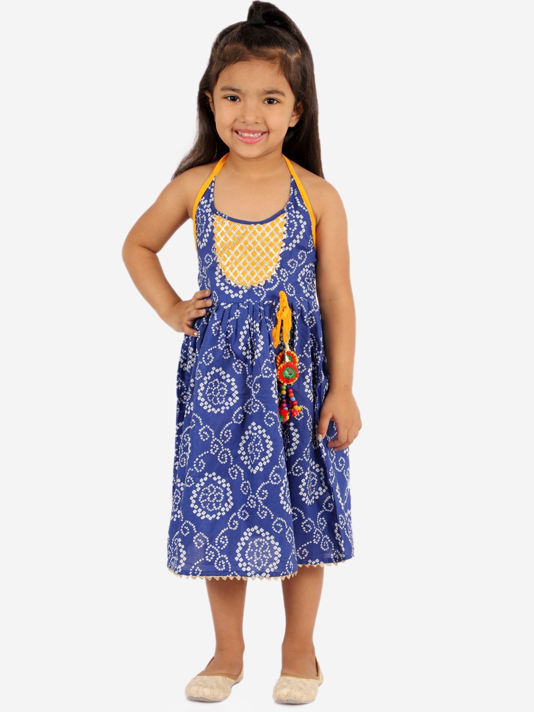 

KID1 Girls Blue & Yellow Ethnic Motifs Halter Neck Ethnic A-Line Dress