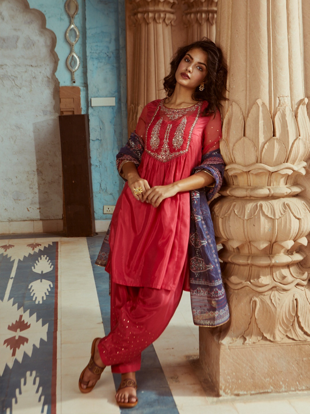 WISHFUL Women Coral Floral Yoke Design Pleated Kurti with Salwar & With Dupatta