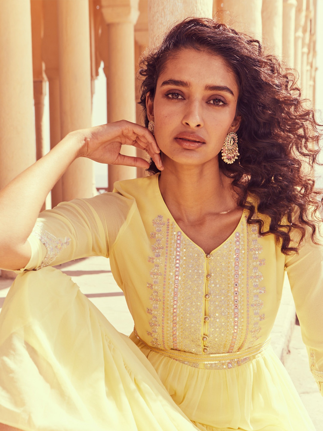 

WISHFUL Yellow Embroidered Ethnic Midi Dress