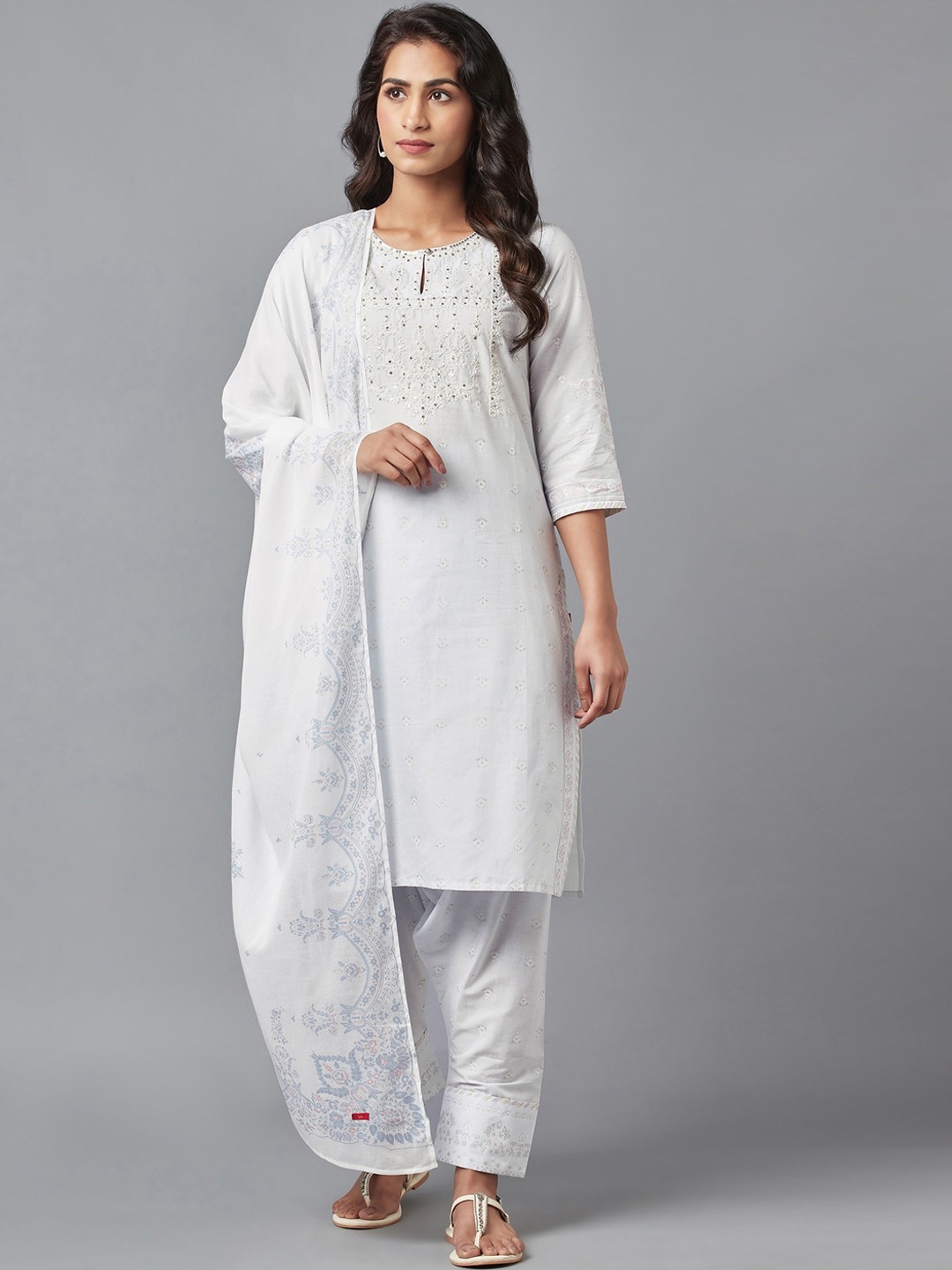 

W Women Blue Embroidered Pure Cotton Kurta with Patiala & With Dupatta