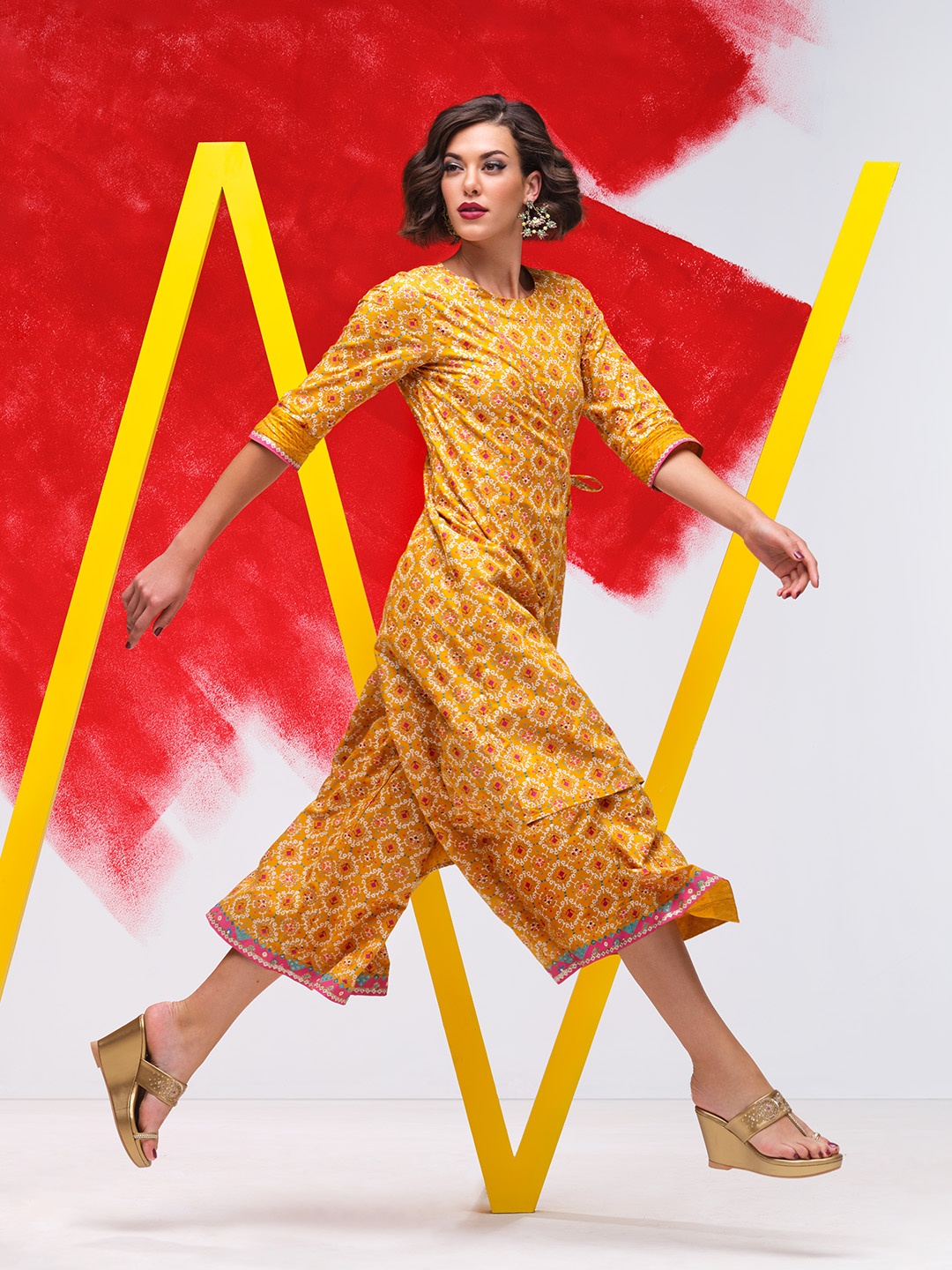 

W Yellow Printed Angrakha Ethnic Jumpsuit