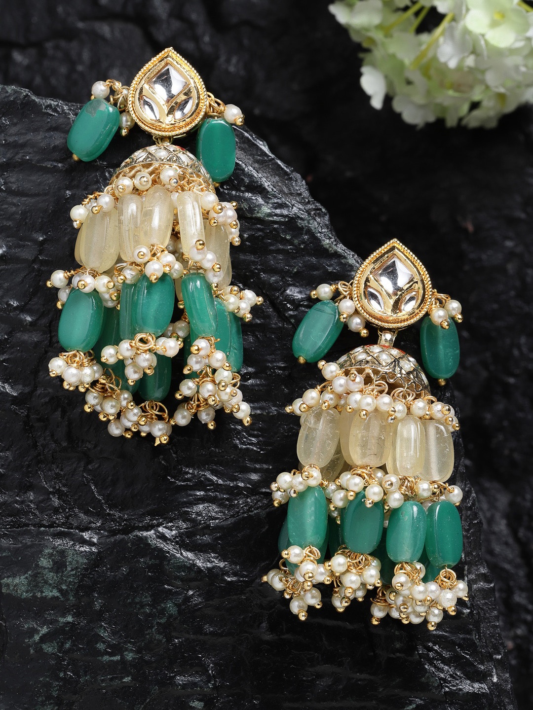 

DUGRISTYLE Gold-Plated & Green Kundan Sterling Silver Classic Jhumkas Earrings