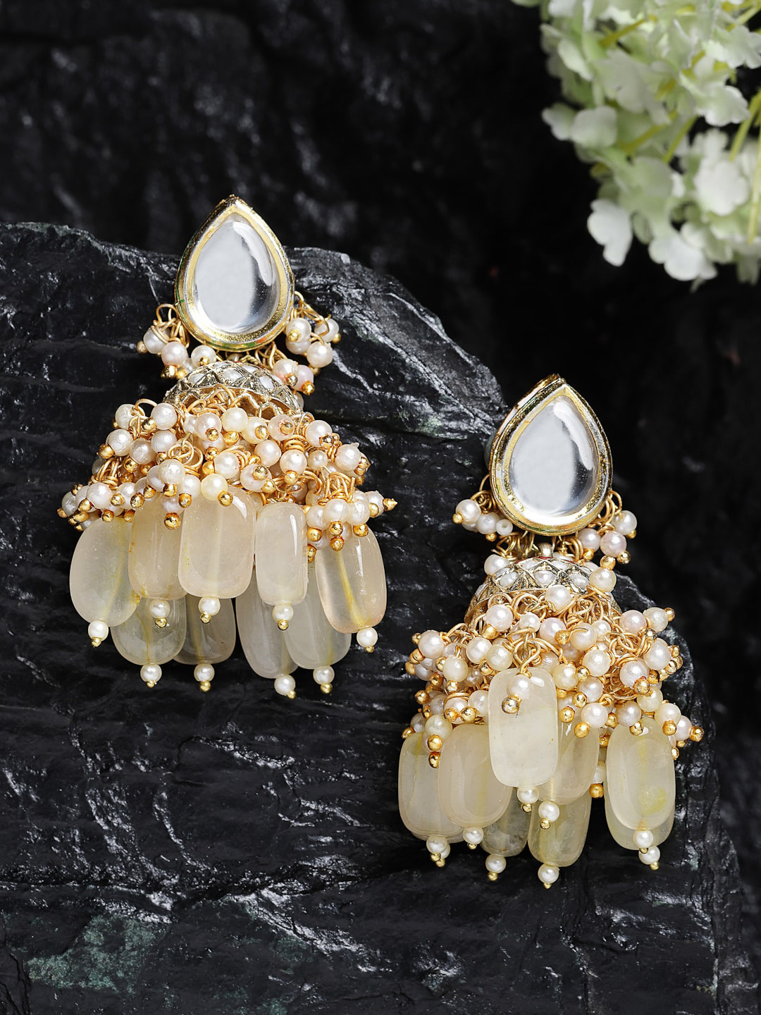 

DUGRISTYLE Sterling Silver Yellow Kundan Studded & White Pearls Beaded Jhumkas Earrings