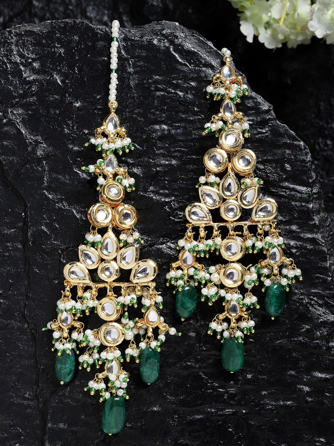 

DUGRISTYLE Green & Gold Plated Kundan Sterling Silver Classic Drop Earrings