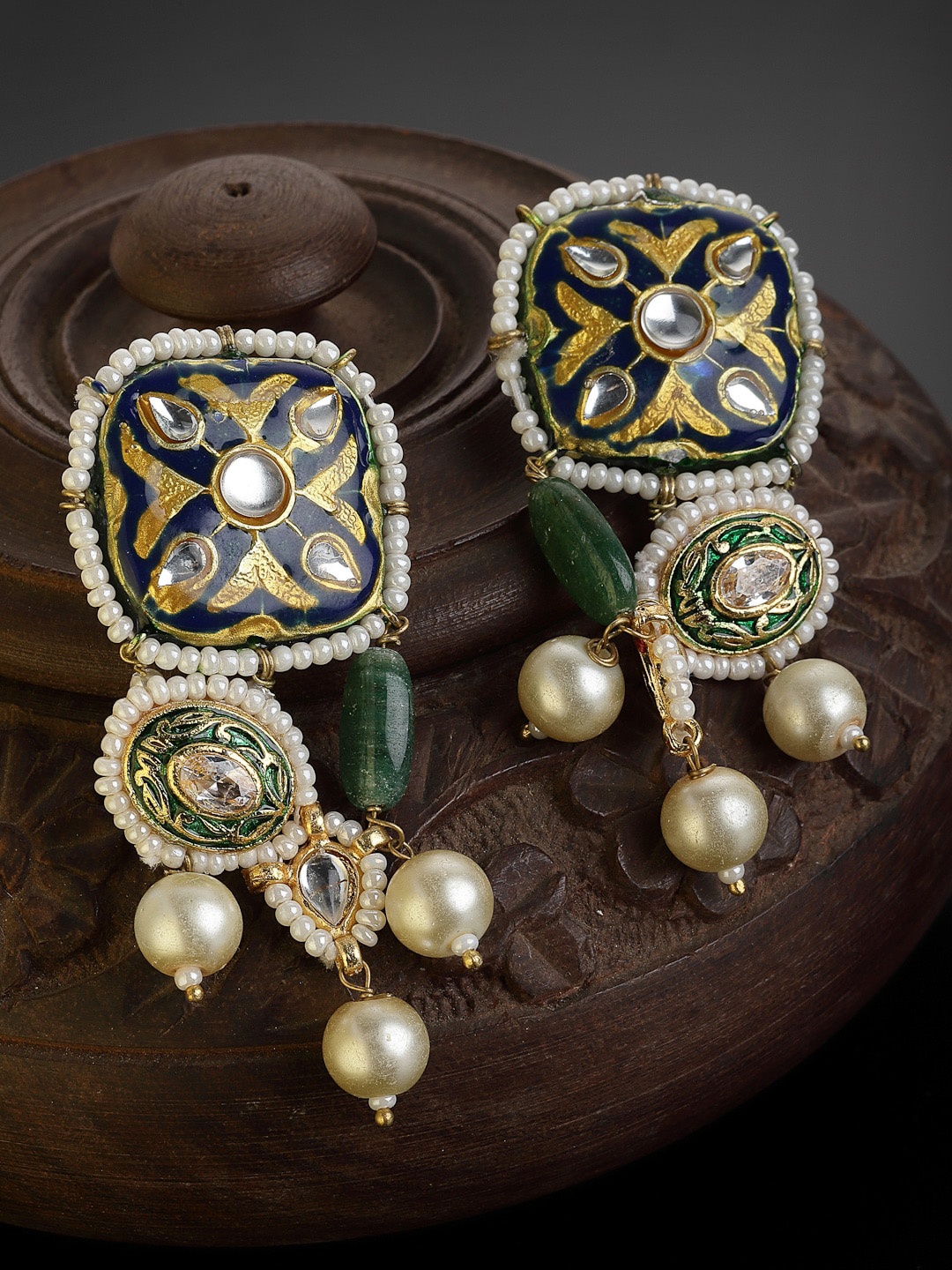 

DUGRISTYLE Gold-Plated & Green Kundan & Pearls Studded Classic Drop Earrings