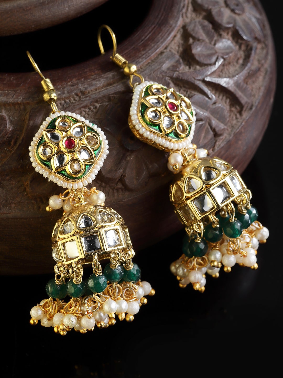 

DUGRISTYLE Green & Gold Plated Kundan Sterling Silver Classic Jhumkas Earrings