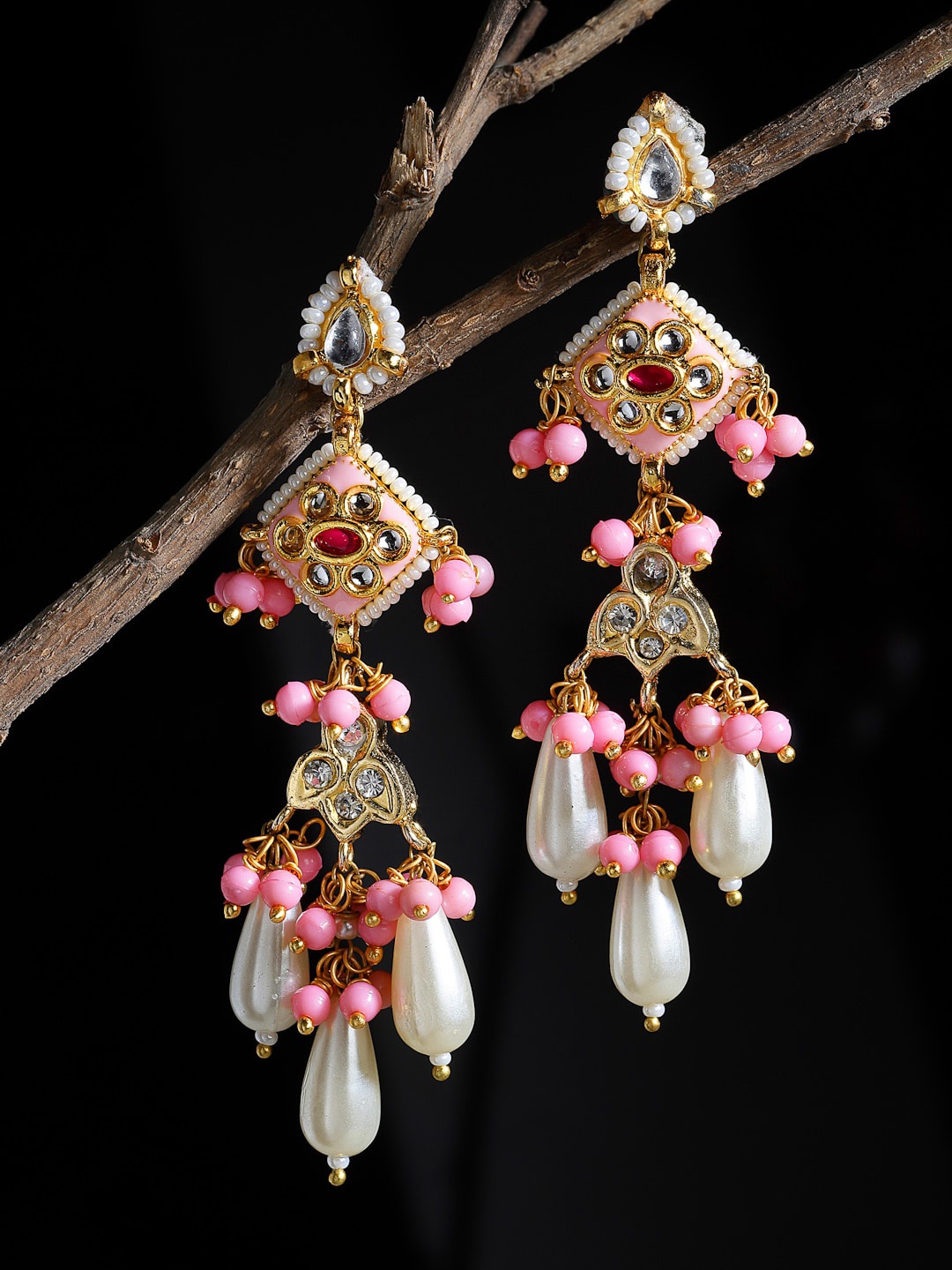 

DUGRISTYLE Women Gold-Plated Pink & White Kundan Studded Drop Earrings