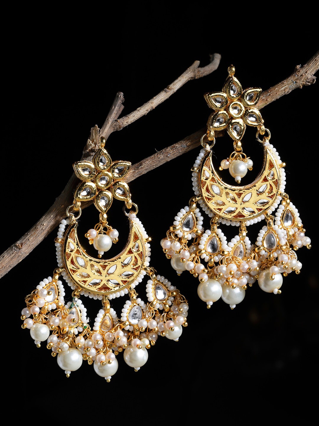 

DUGRISTYLE Gold-Plated & White Kundan Sterling Silver Classic Drop Earrings