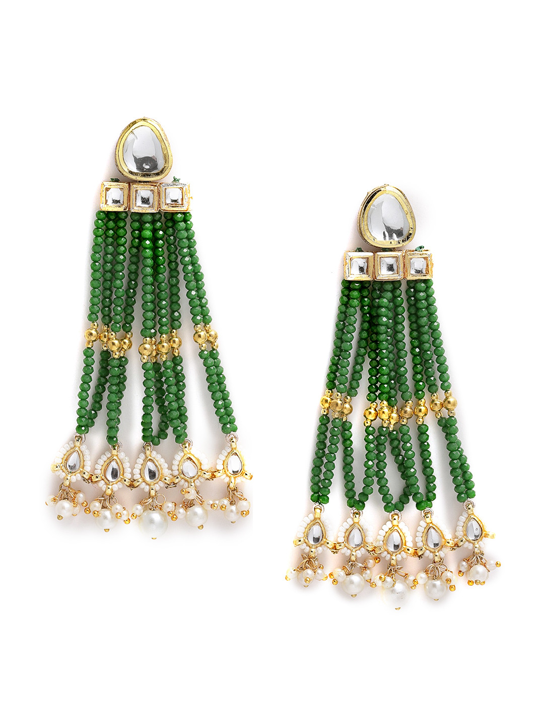 

DUGRISTYLE Green Kundan & Beaded Classic Drop Earrings
