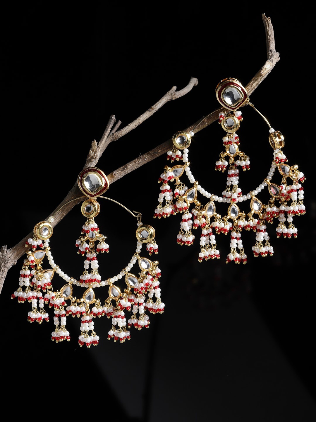 

DUGRISTYLE Gold-Plated & Red Kundan & Pearls Classic Chandbalis Earrings