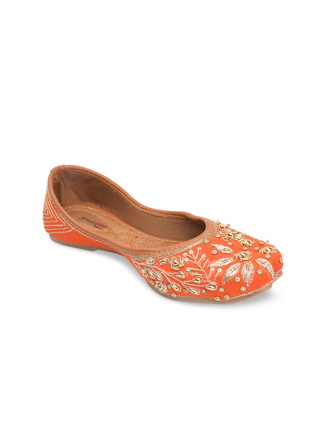 

DESI COLOUR Women Orange Embellished Leather Ethnic Mojaris Flats