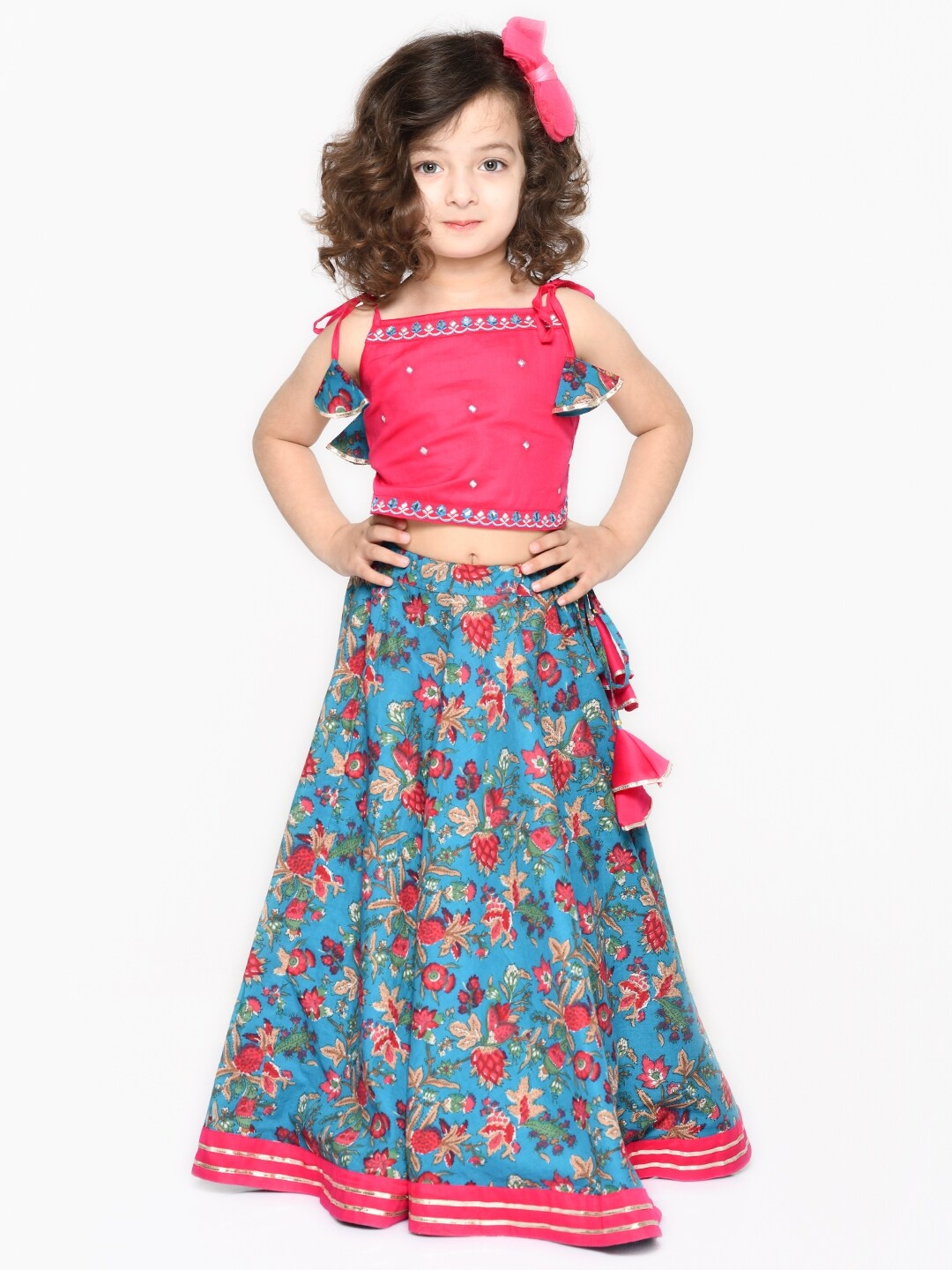 

SAKA DESIGNS Girls Blue & Magenta Embellished Beads and Stones Ready to Wear Lehenga Choli