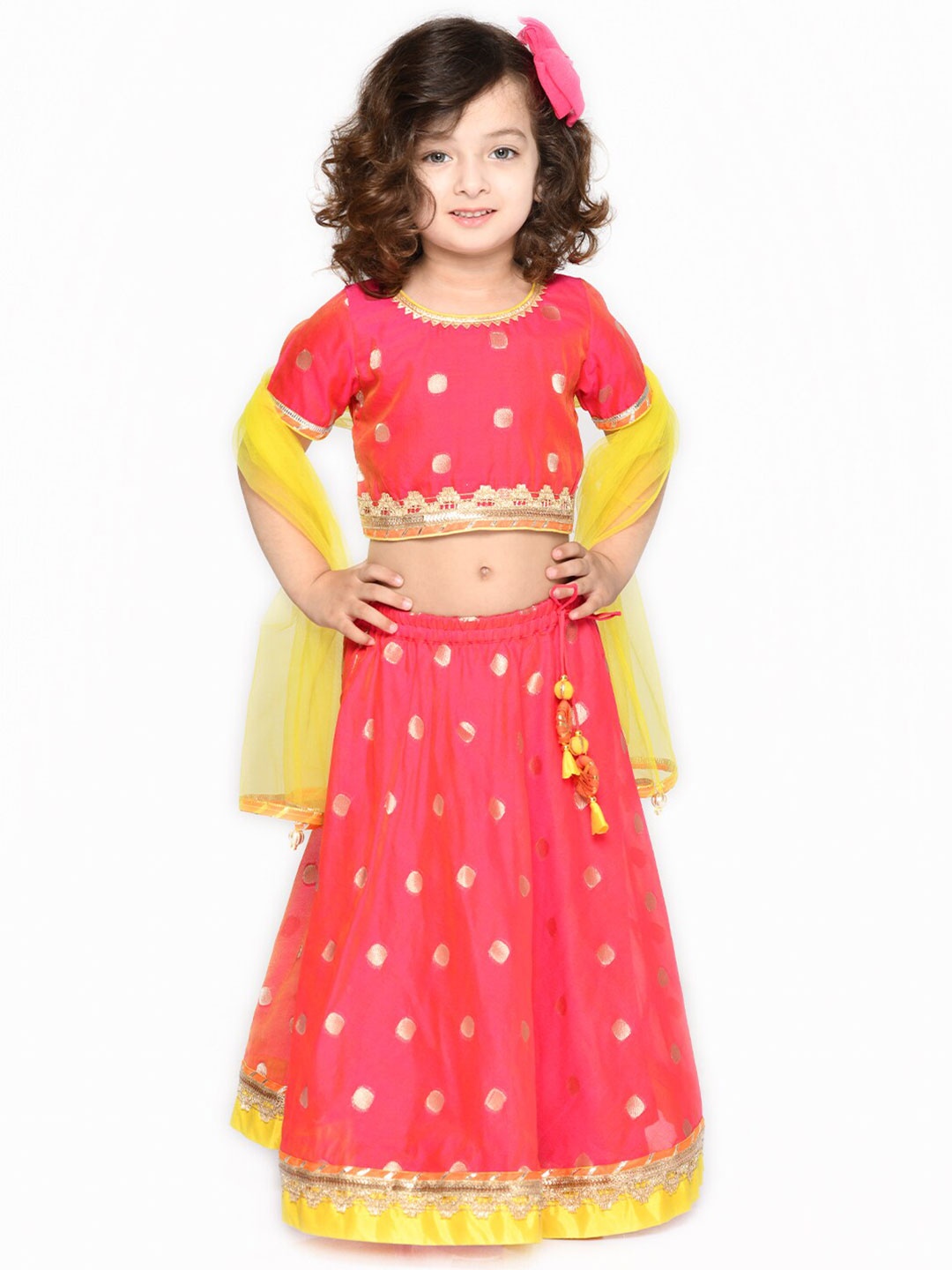 

SAKA DESIGNS Girls Fuchsia & Yellow Ready to Wear Lehenga & Blouse With Dupatta