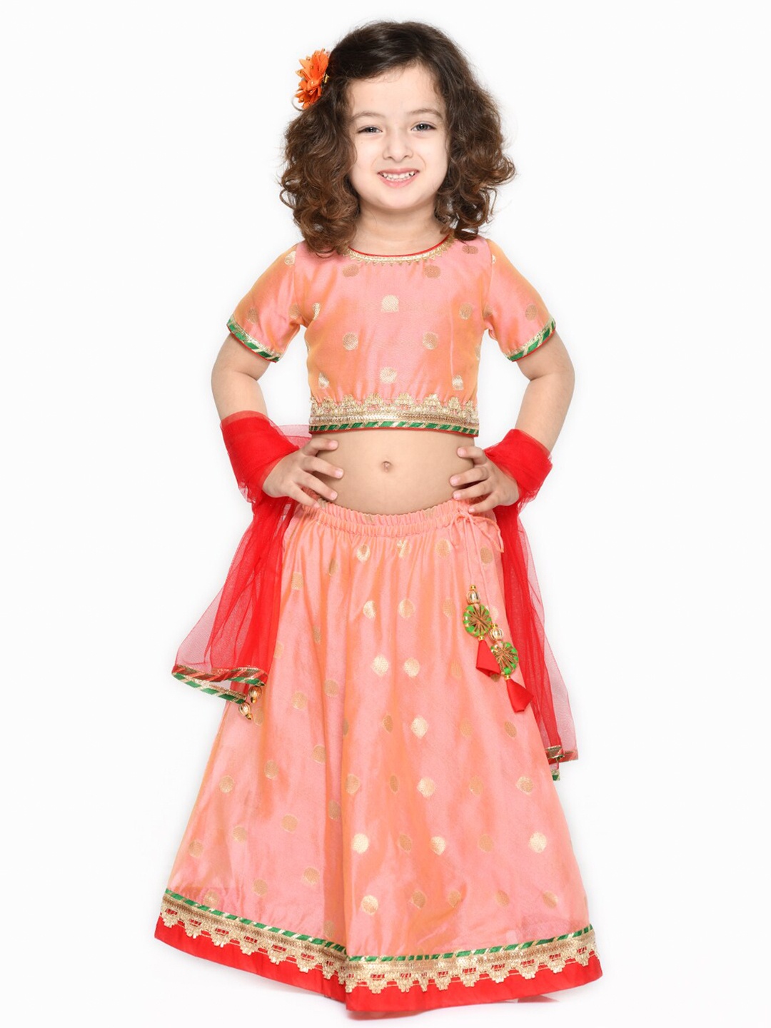 

SAKA DESIGNS Girls Peach-Coloured & Red Ready to Wear Lehenga Choli With Dupatta