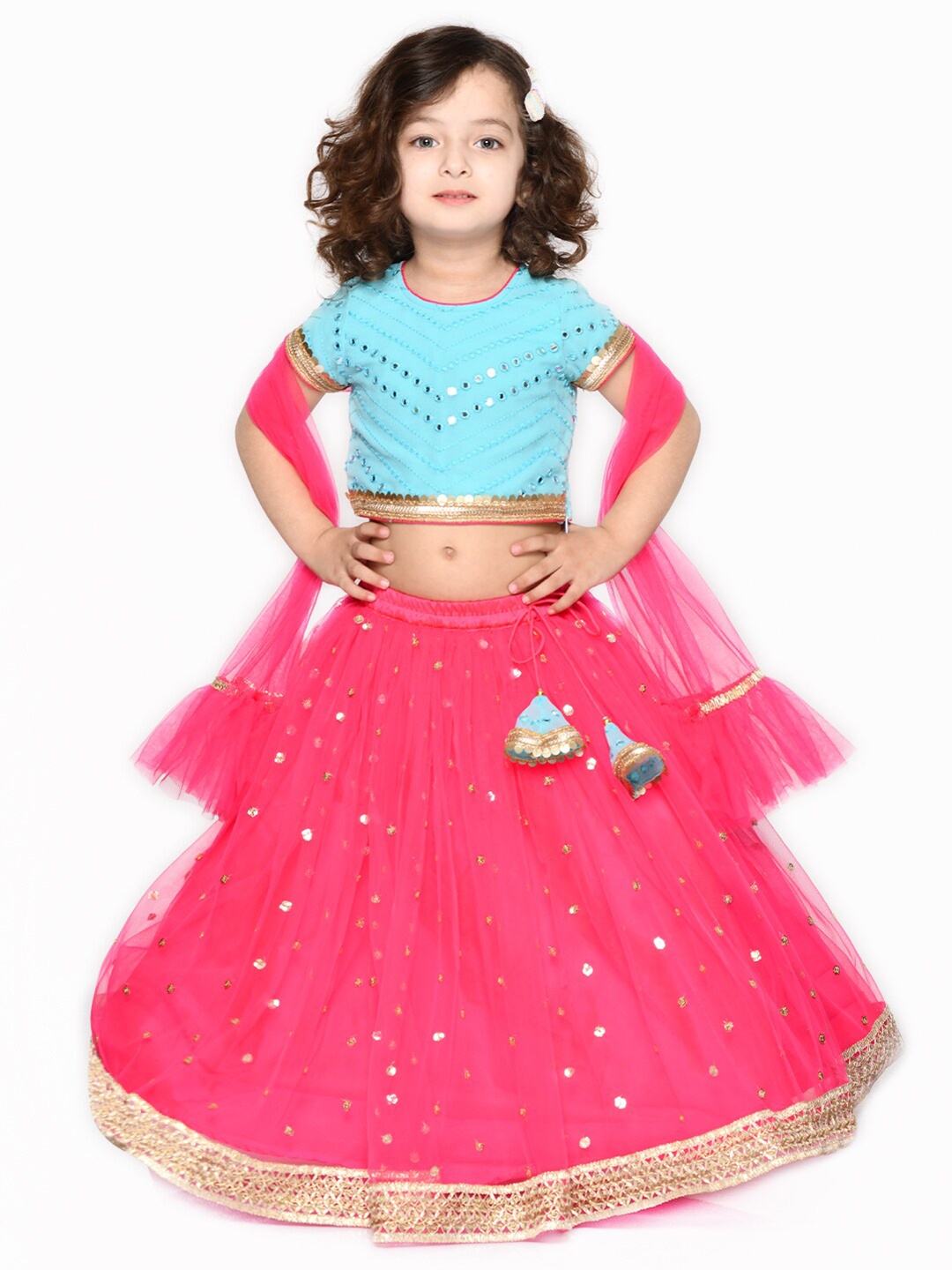 

SAKA DESIGNS Girls Blue & Magenta Embellished Mirror Work Ready to Wear Lehenga & Blouse With Dupatta