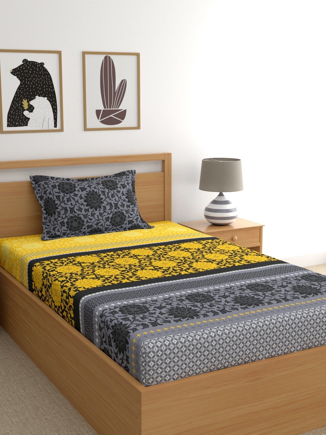 

Dreamscape Grey & Yellow Floral 144 TC Single Bedsheet with 1 Pillow Covers