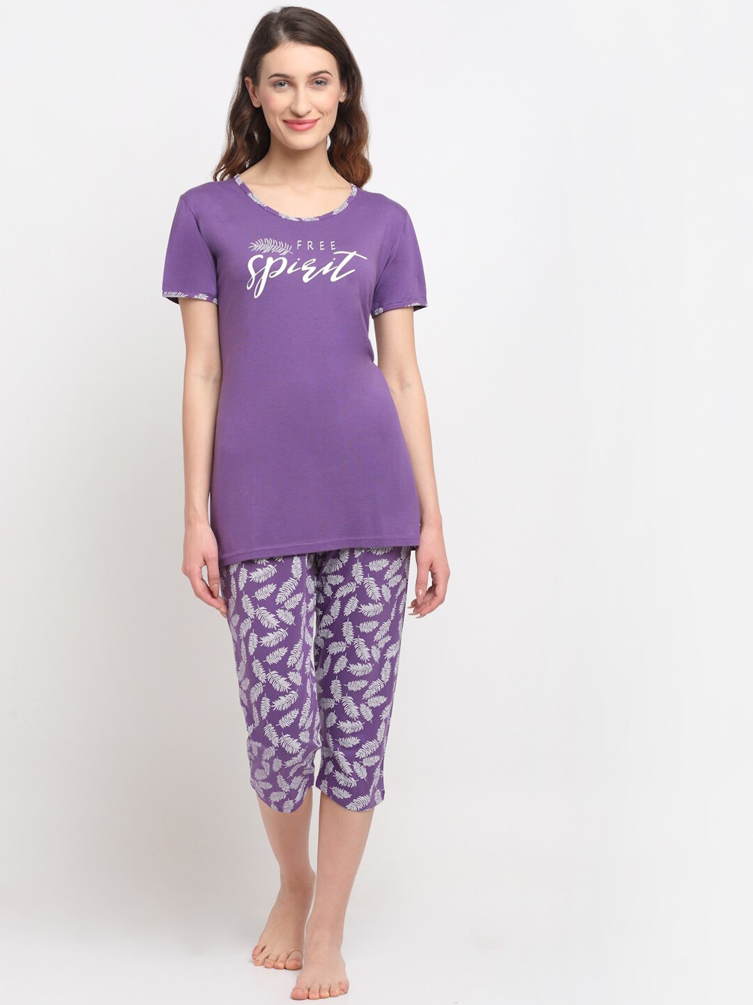 

Kanvin Women Purple & White Printed Pure Cotton Night suit