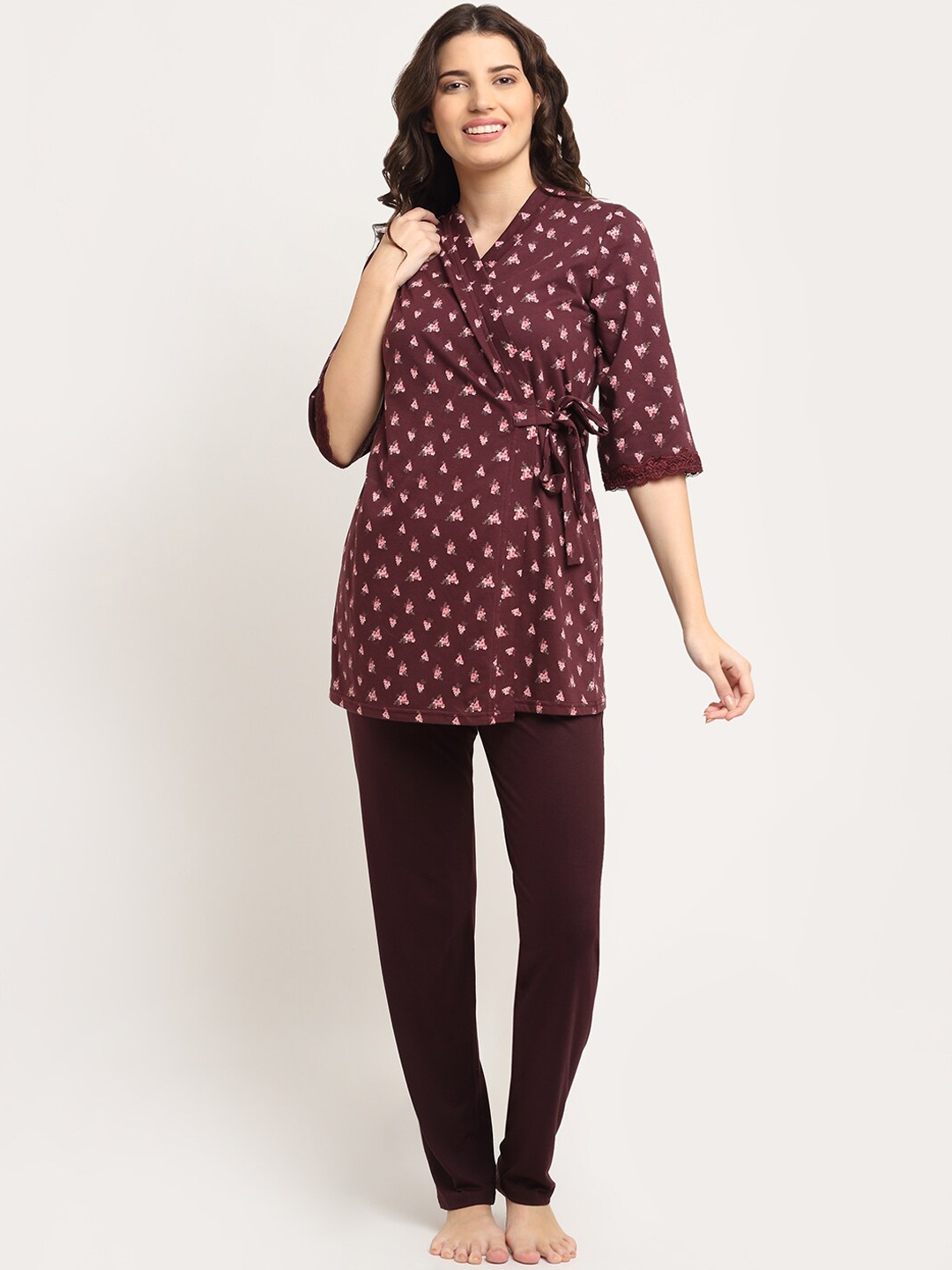 

Kanvin Women Brown & Pink Printed 3 Piece Night suit With Robe