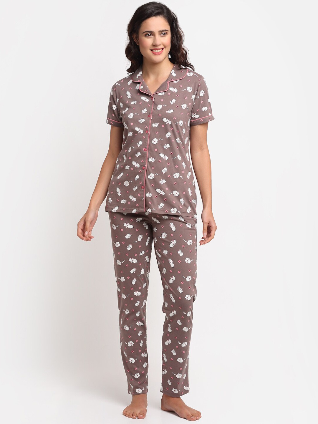 

Kanvin Women Camel Brown & White Printed Pure Cotton Night suit
