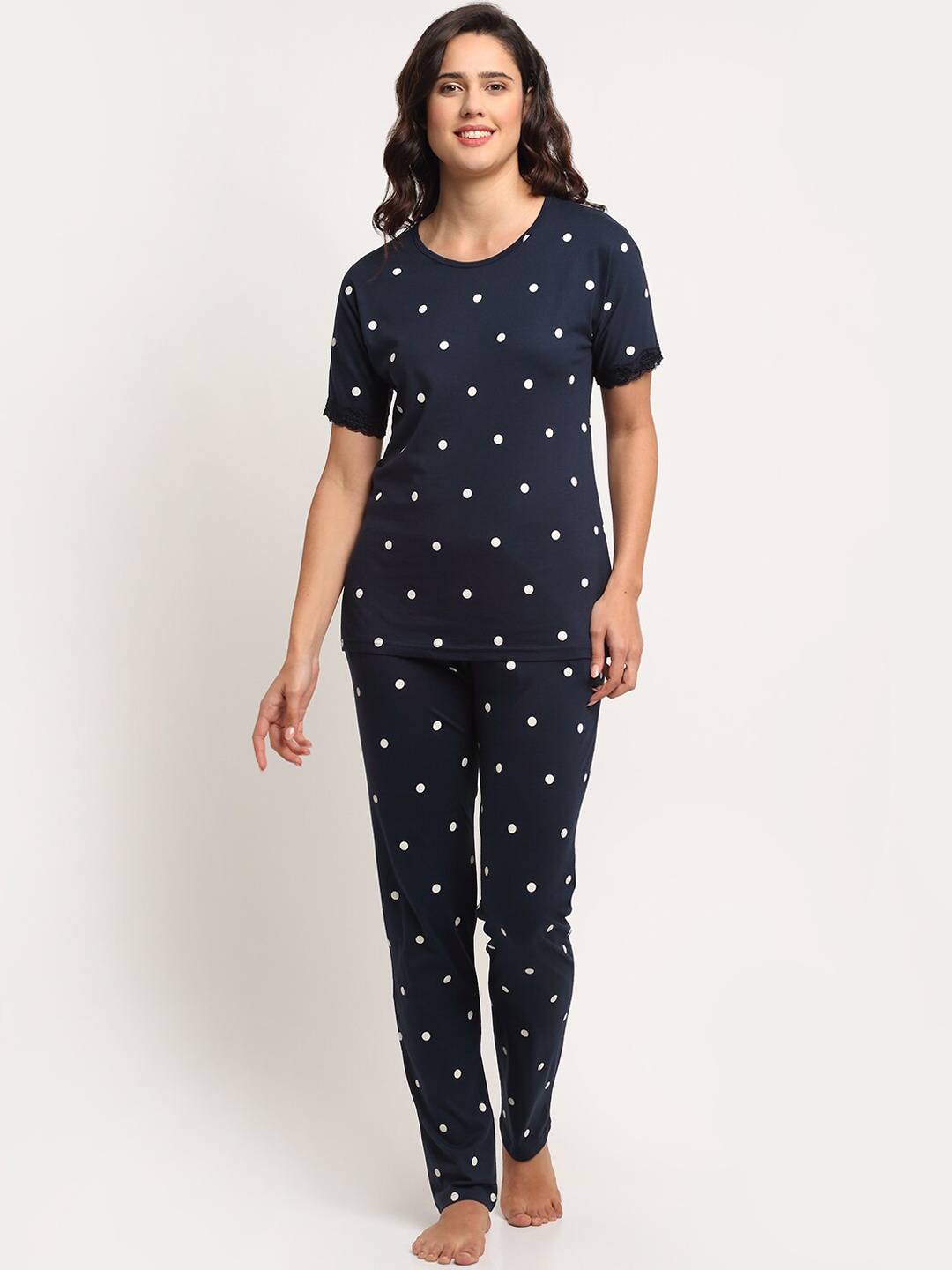 

Kanvin Women Navy Blue & White Printed Night suit