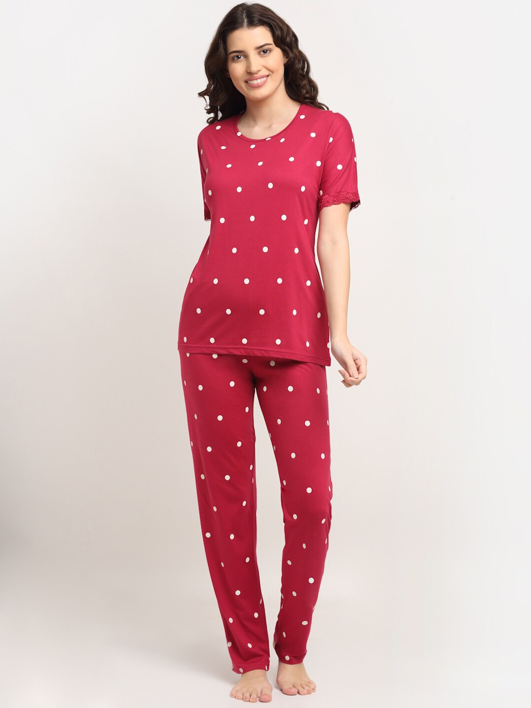 

Kanvin Women Red & White Polka Dots Printed Night Suit