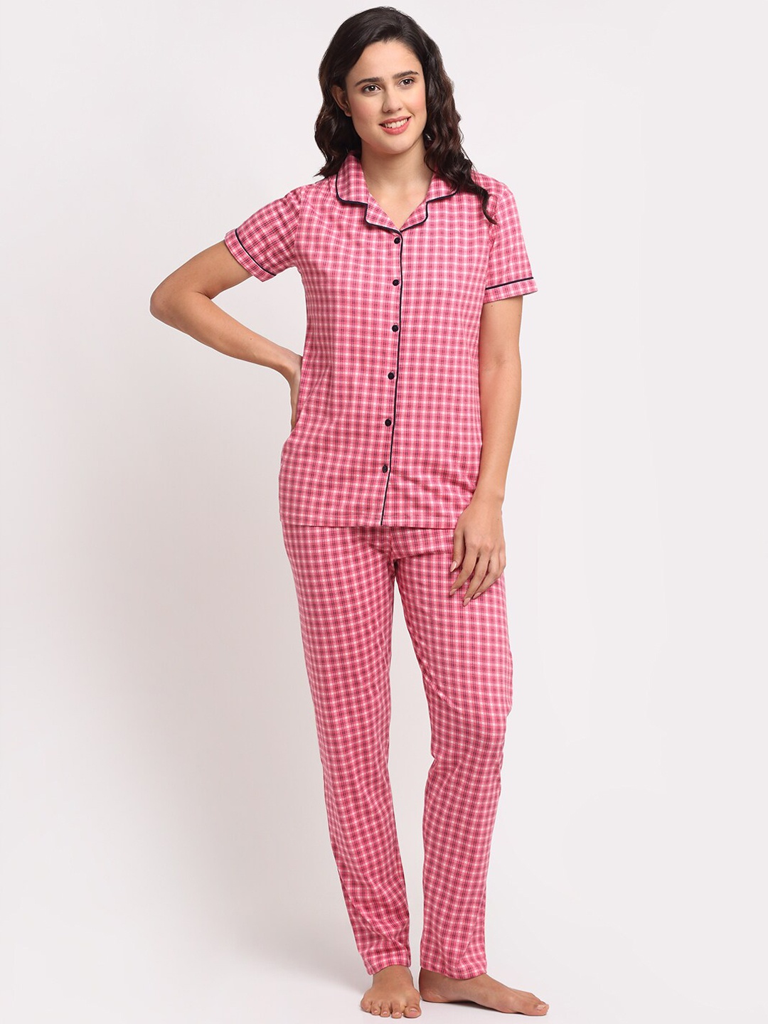 

Kanvin Women Pink Checked Cotton Night suit