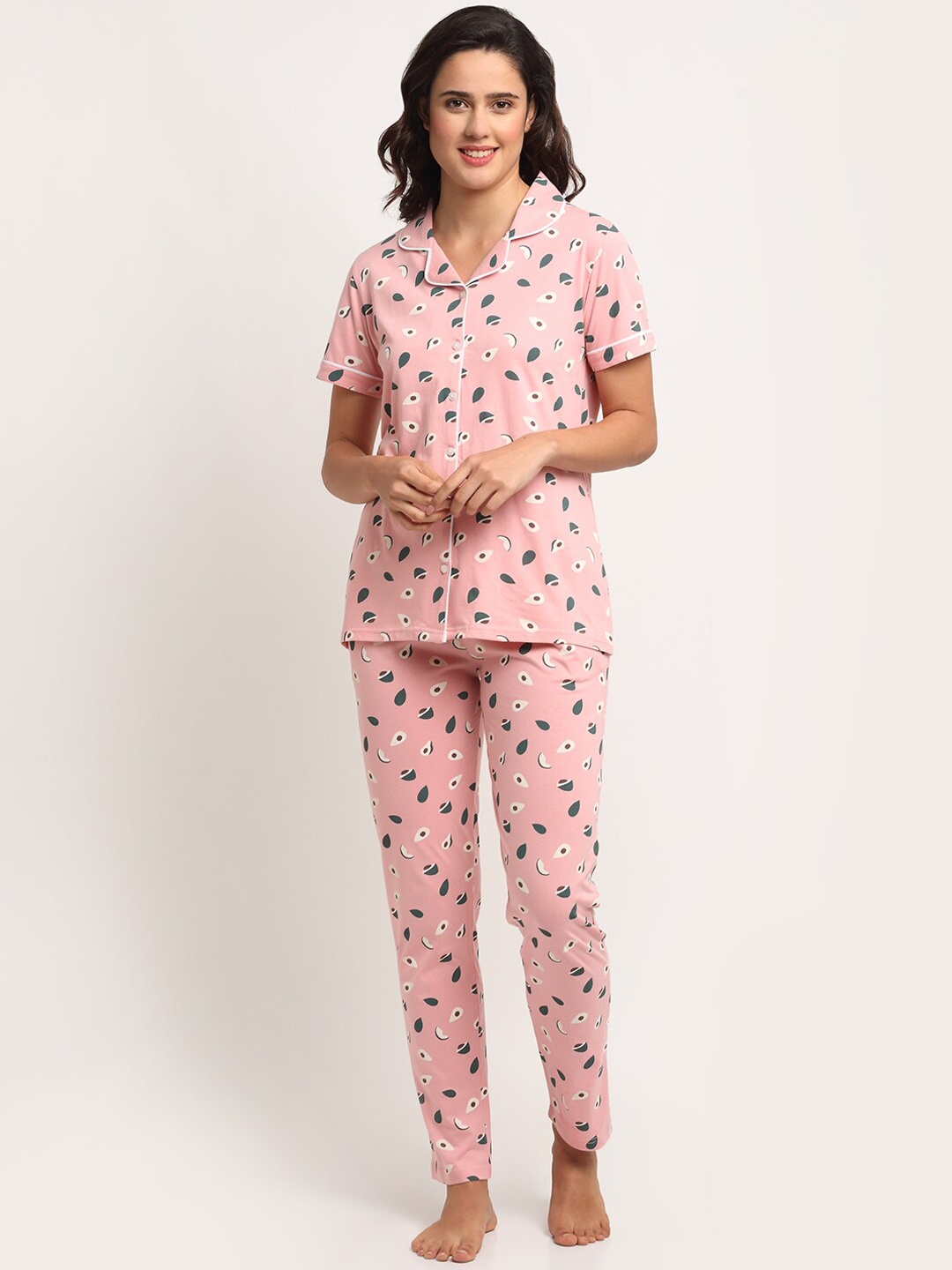 

Kanvin Women Pink & White Printed Pure Cotton Night suit