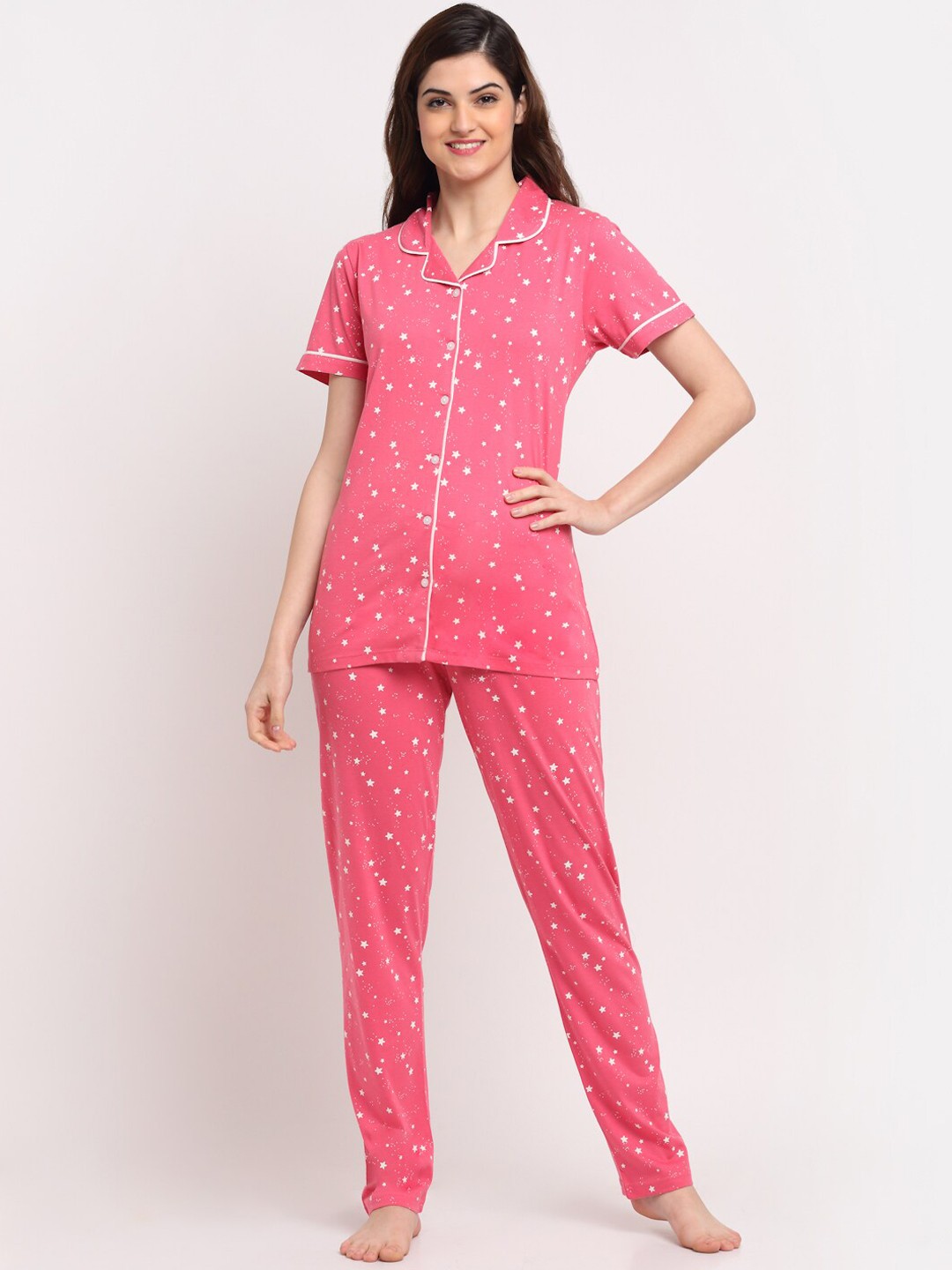 

Kanvin Women Pink & White Printed Night suit