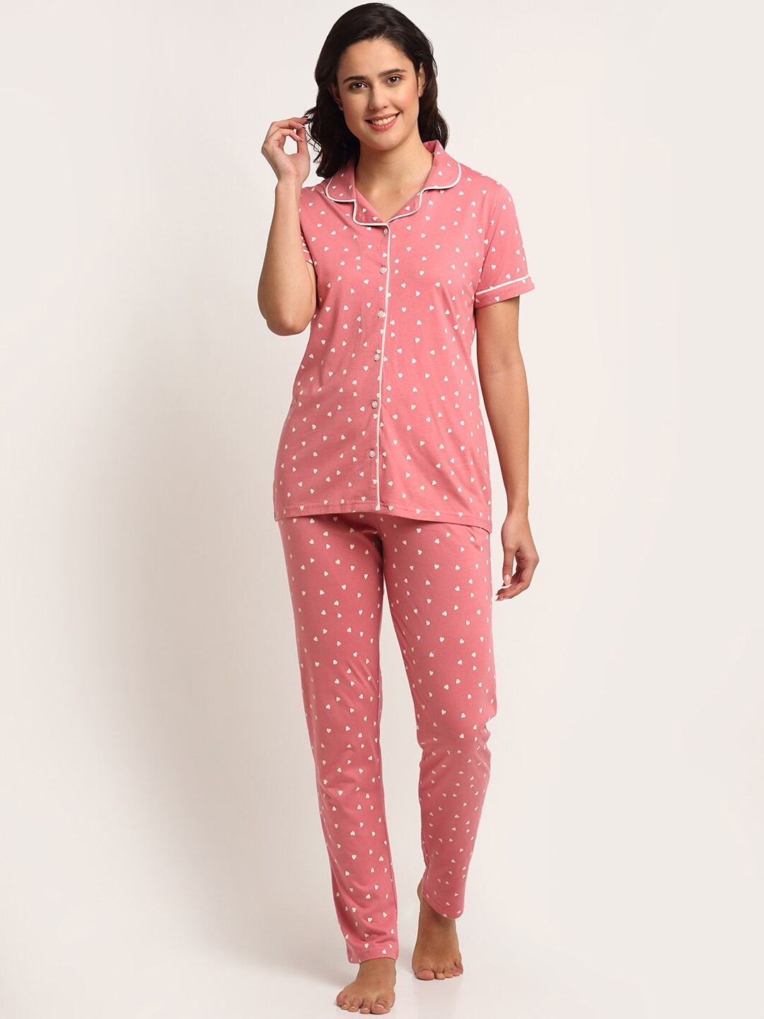 

Kanvin Women Pink & White Printed Night suit