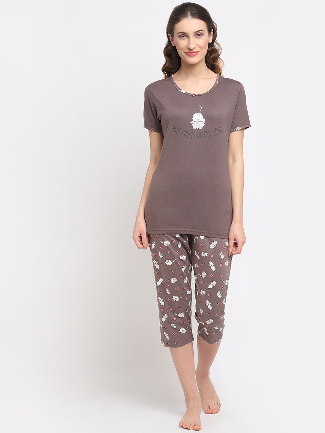 

Kanvin Women Camel Brown & White Printed Pure Cotton Night suit