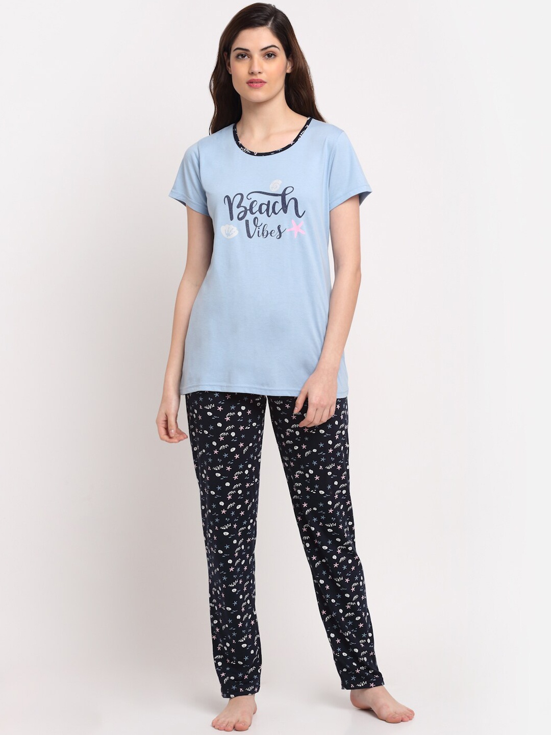 

Kanvin Women Blue & Navy Blue Printed Pure Cotton Night suit