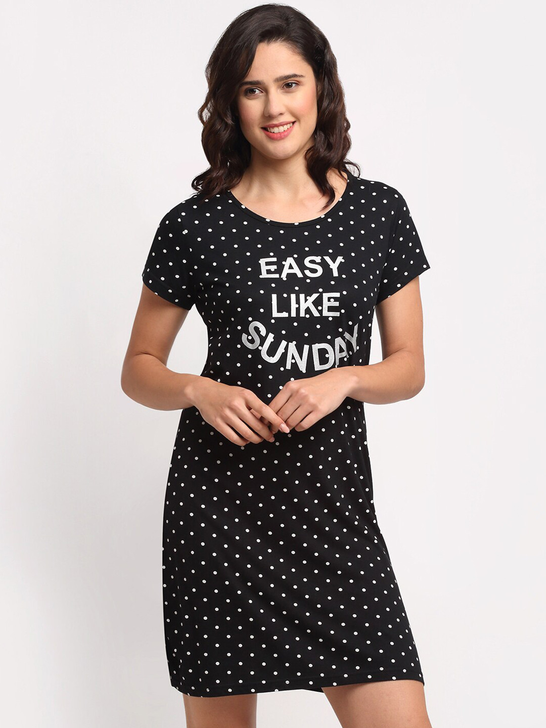 

Kanvin Women Black Polka Dot Printed Nightdress