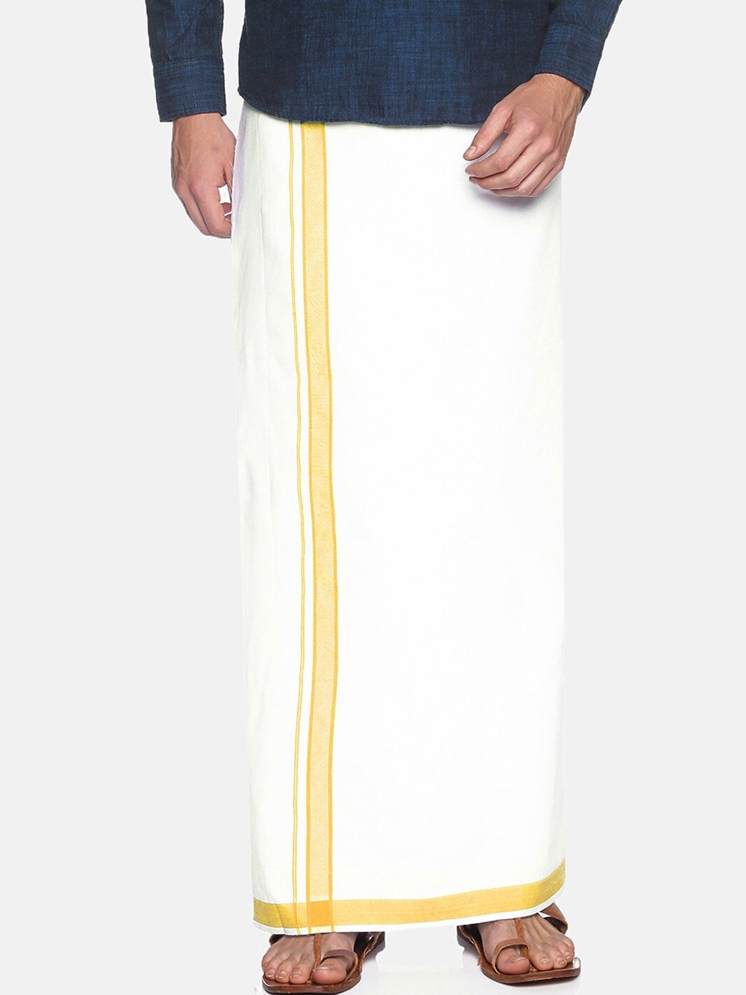 

Chennis Men Cream-Coloured With Yellow Border Pure Cotton Dhoti