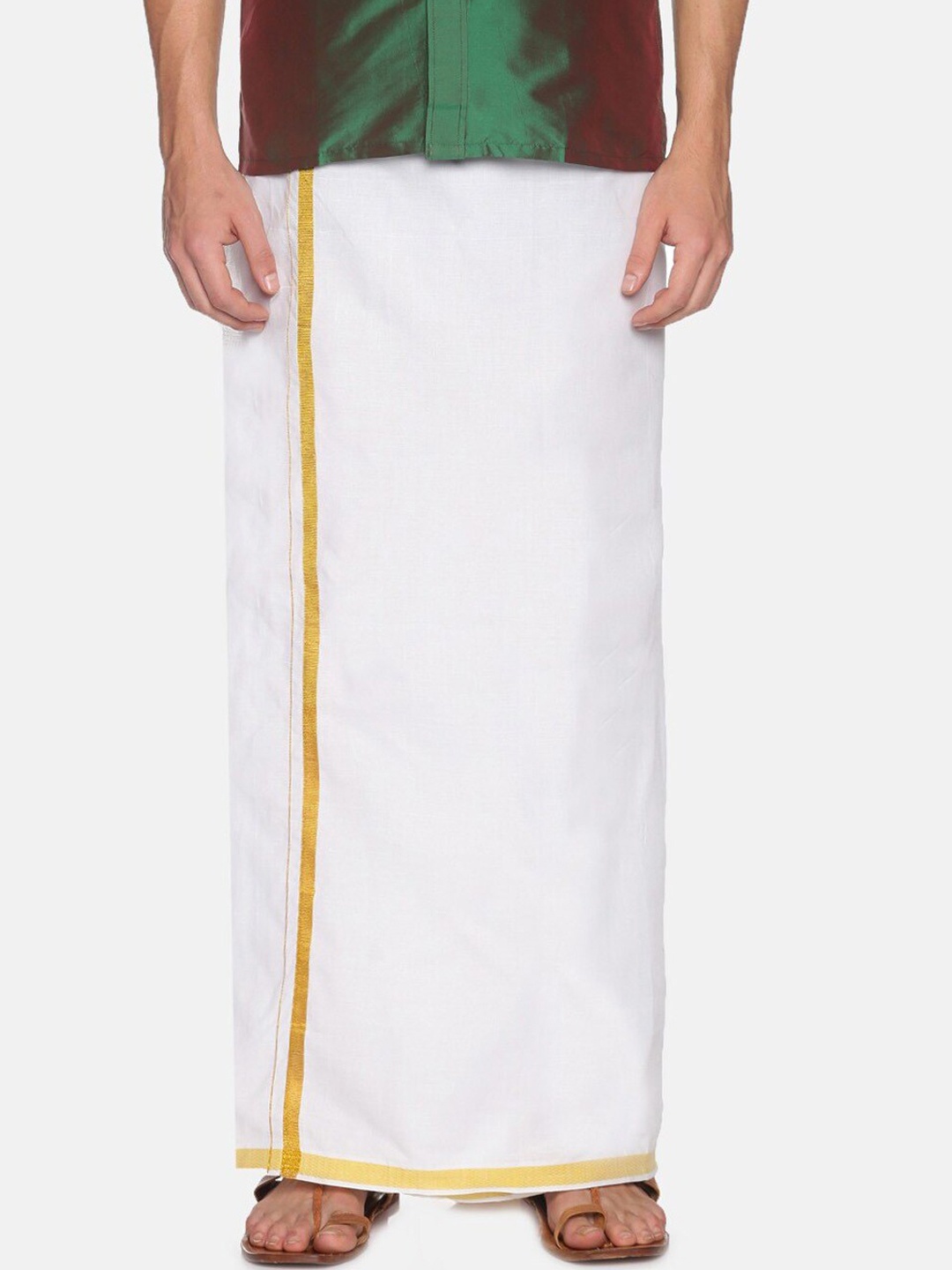 

Chennis Men White & Golden Pure Cotton Dhoti