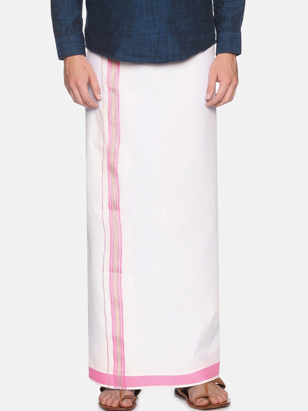 

Chennis Men White & Pink Pure Cotton Dhoti