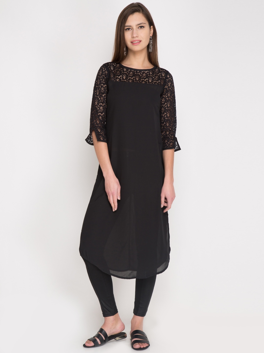 

Vishudh Women Black A-Line Kurta with Lace Detail