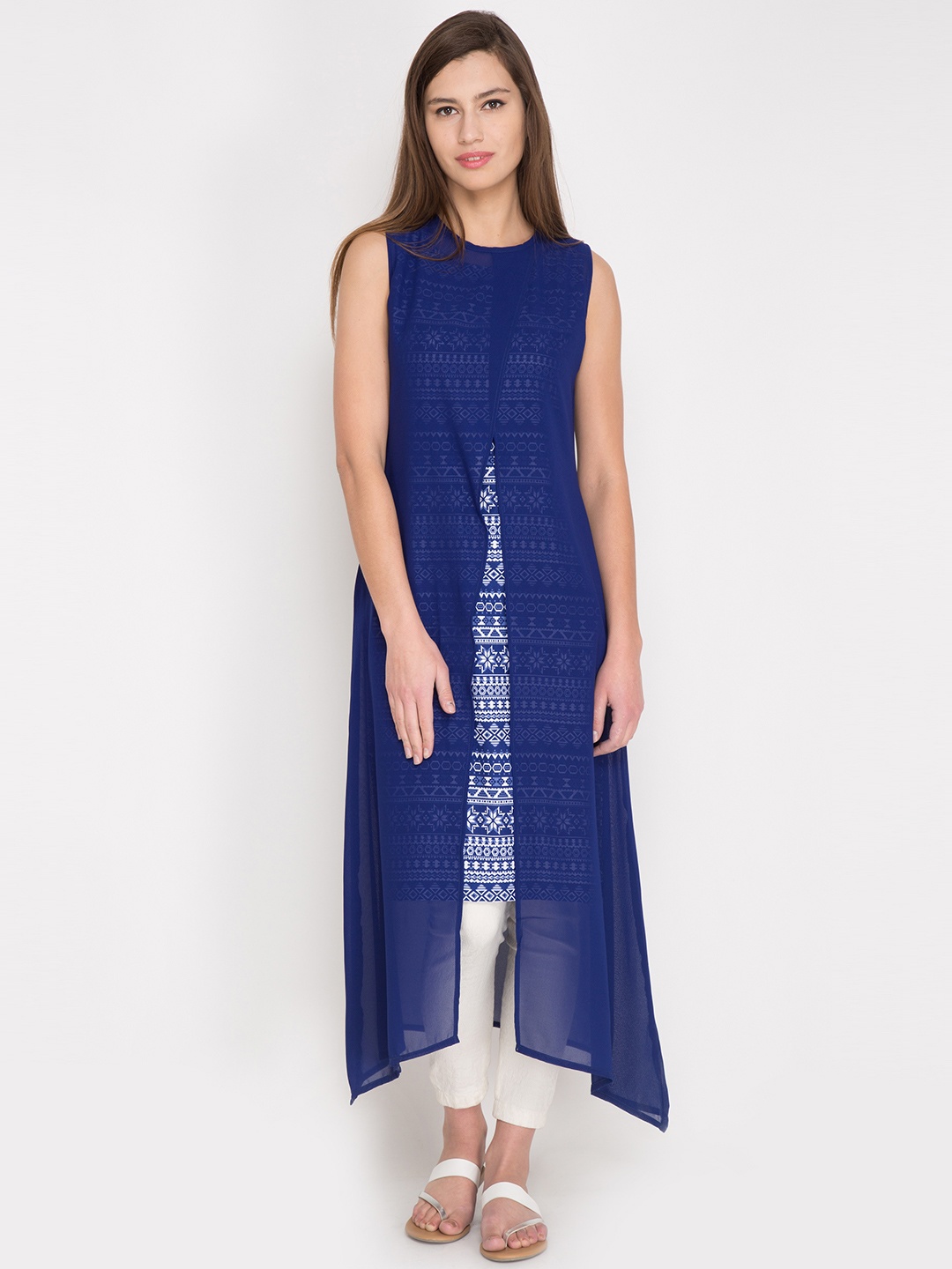 

Vishudh Women Blue & White Printed Layered A-Line Kurta
