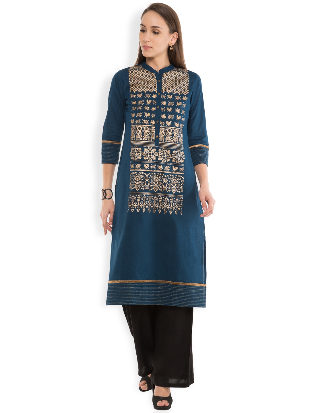 

Vishudh Women Teal Blue & Gold-Toned Printed A-Line Kurta