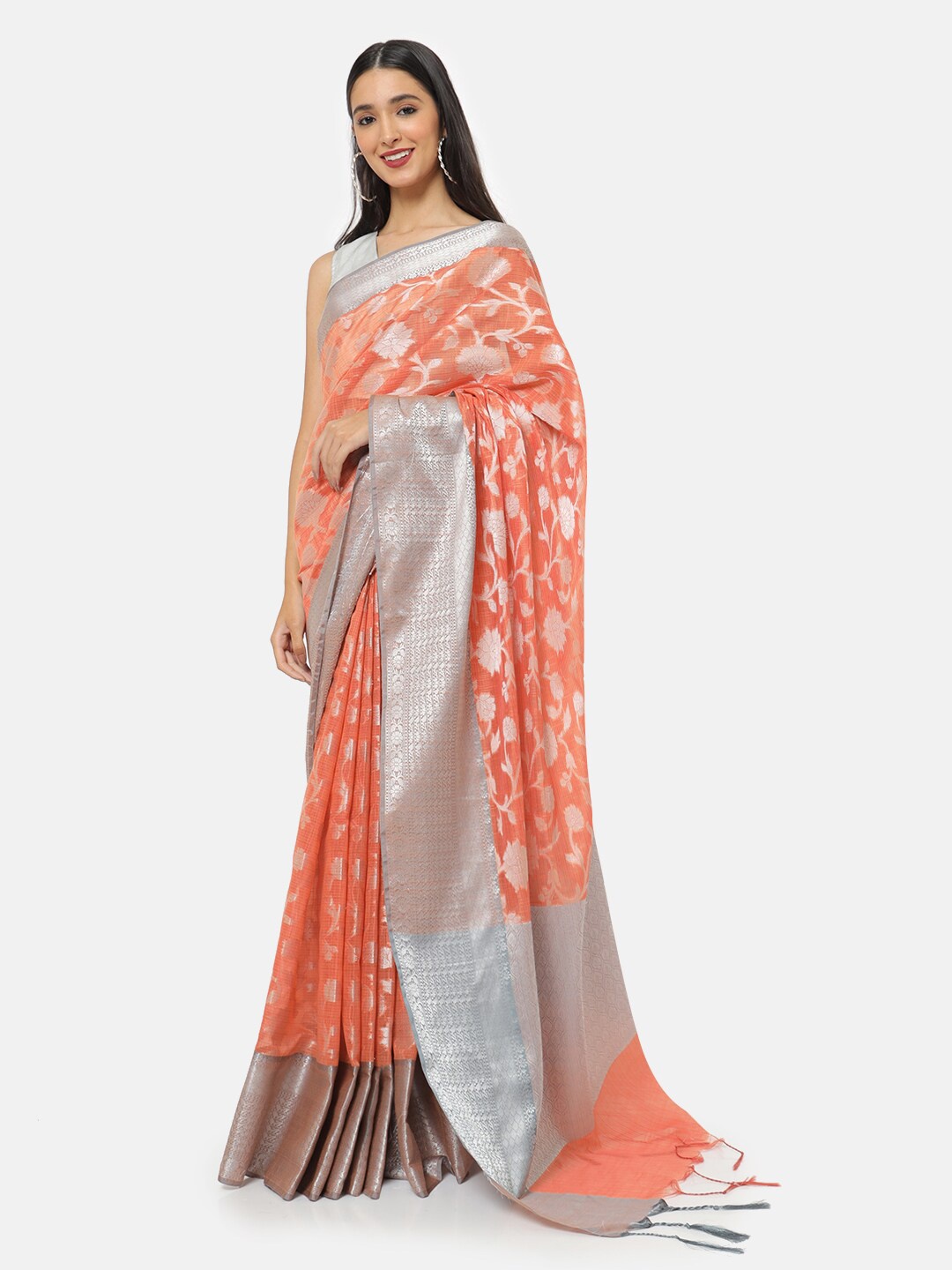

Saaki Orange & Silver-Toned Ethnic Motifs Zari Banarasi Saree