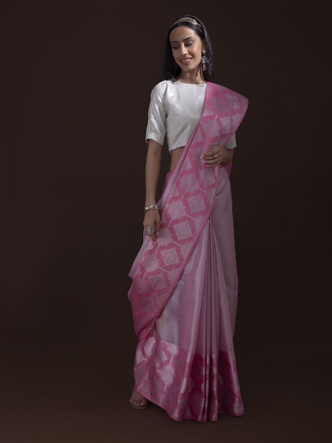 

Saaki Pink & Silver-Toned Woven Design Zari Banarasi Saree