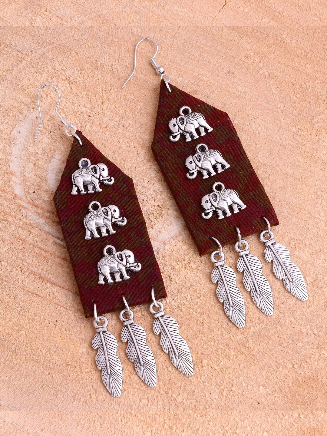 

kashwini Silver-Plated & Maroon Brass & Fabric Contemporary Drop Earrings